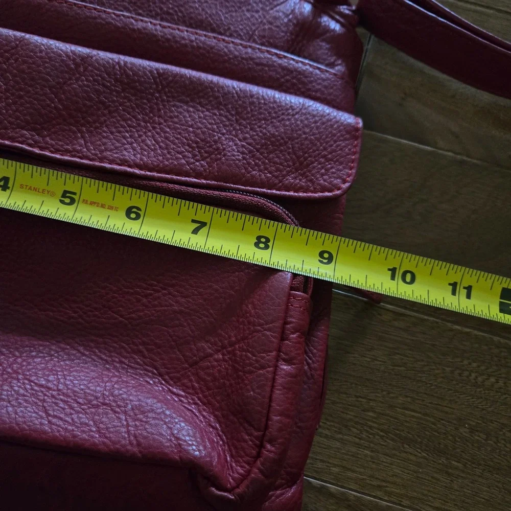 Genuine Red Leather Crossbody Bag Multi Pocket Organizer Sling Adjustable Strap